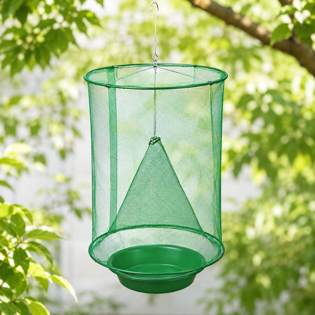 Hanging outdoor fly trap for effective yard and garden pest control. Reusable, non-toxic insect catcher for patios.