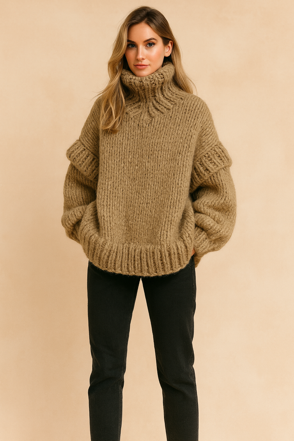 Women's oversize chunky knit turtleneck pullover sweater in a cozy, relaxed fit for fall & winter style.