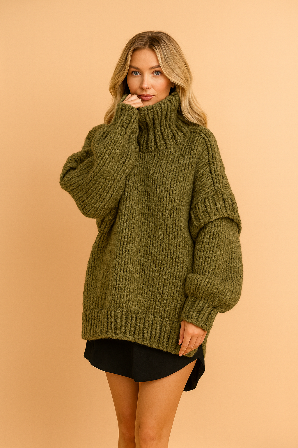 Warm women's chunky knit pullover sweater, a cozy turtleneck perfect for chilly fall and winter days.