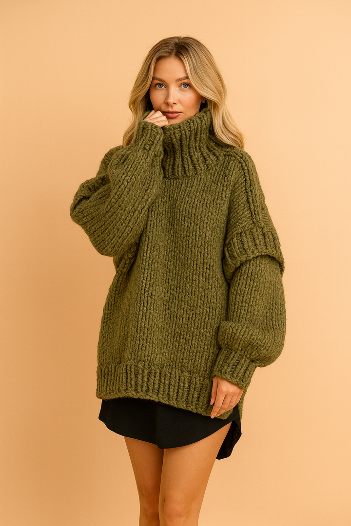Warm women's chunky knit pullover sweater, a cozy turtleneck perfect for chilly fall and winter days.