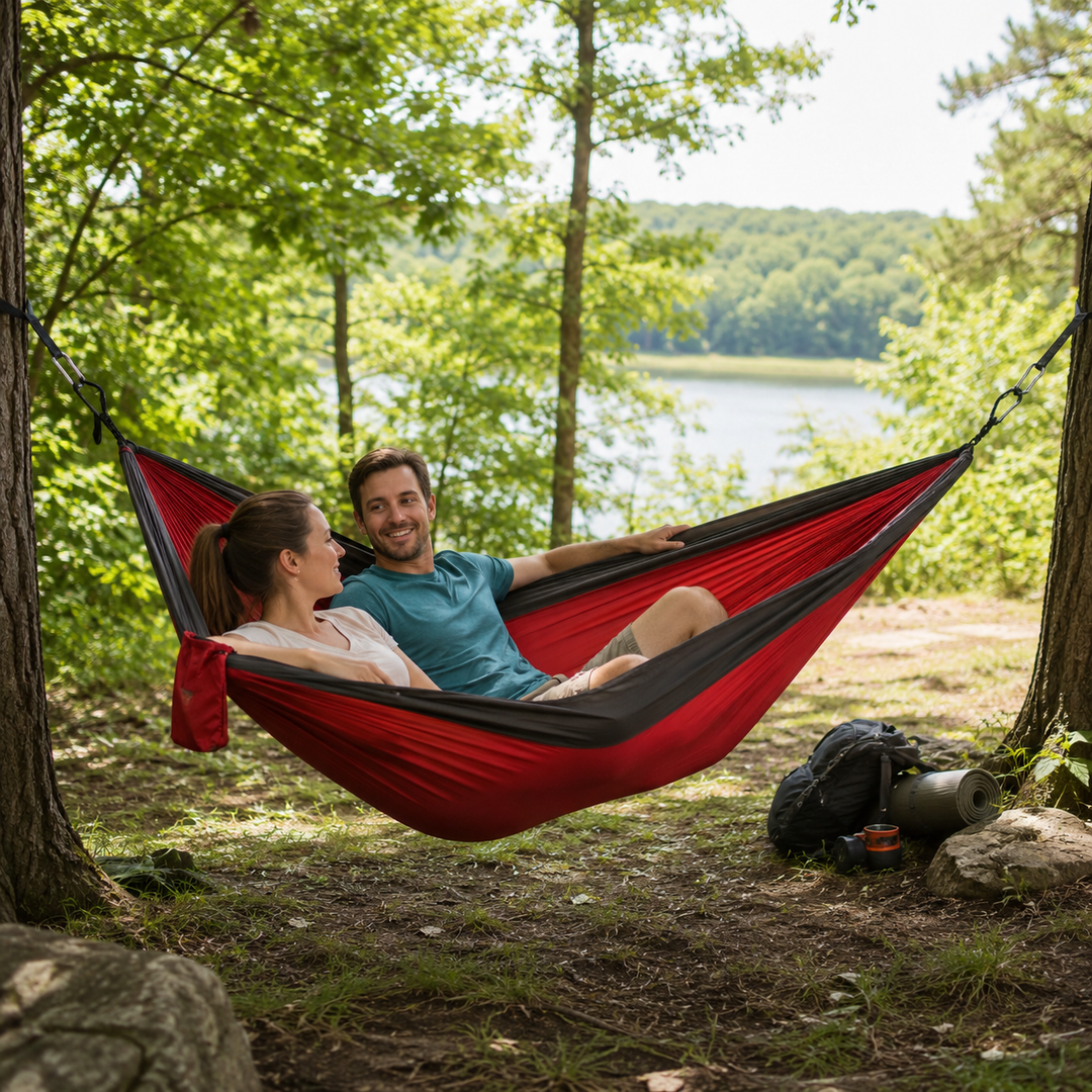 Lightweight 2-person parachute hammock for outdoor camping, hiking & ultimate relaxation.