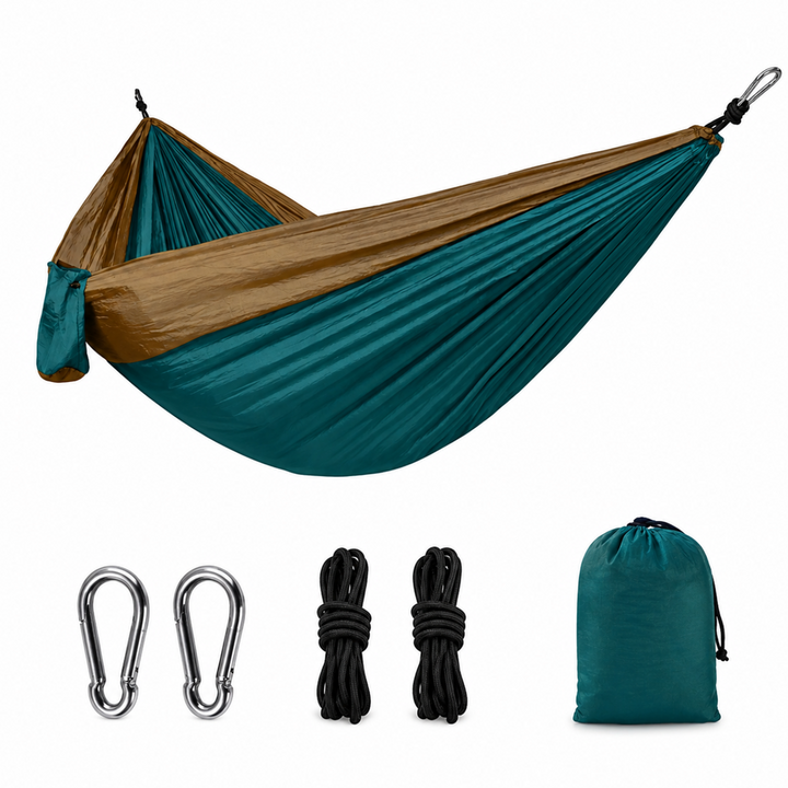 Portable 2-person parachute hammock, ideal for lightweight camping, travel & outdoor adventure.