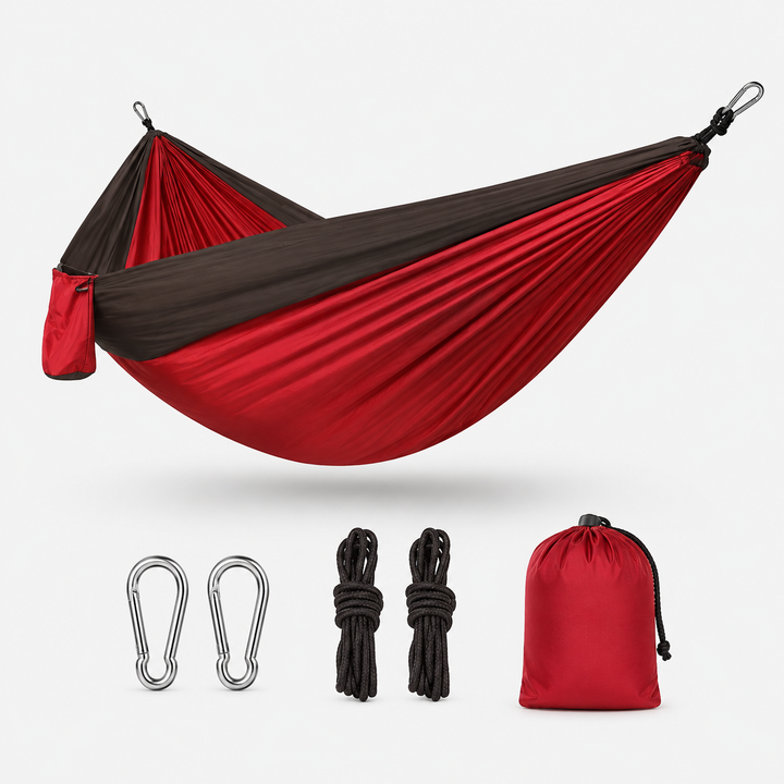 Easy setup lightweight 2-person camping hammock, ideal for outdoor relaxation & travel adventures.
