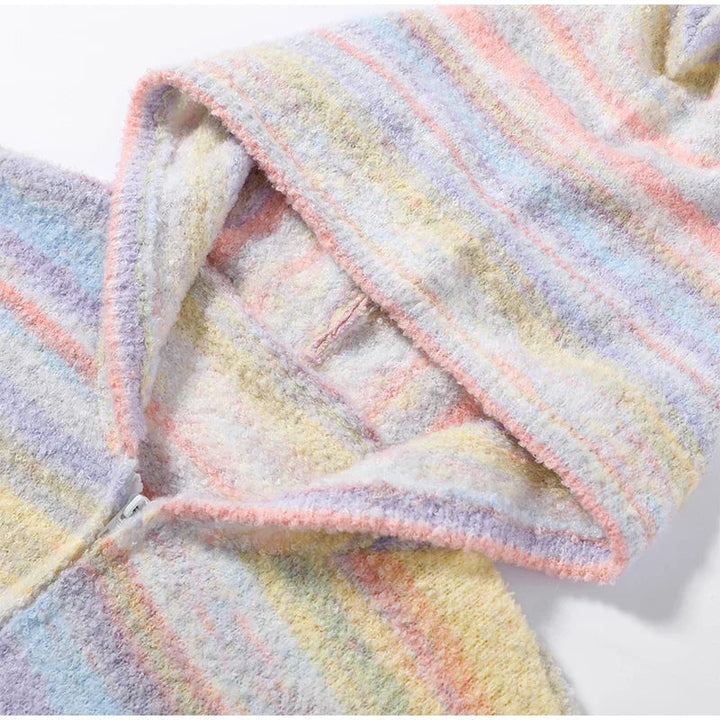 Relaxed fit women's pastel striped hooded zip-up jacket.