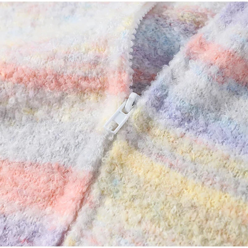 Women's pastel color striped hooded zip-up coat.