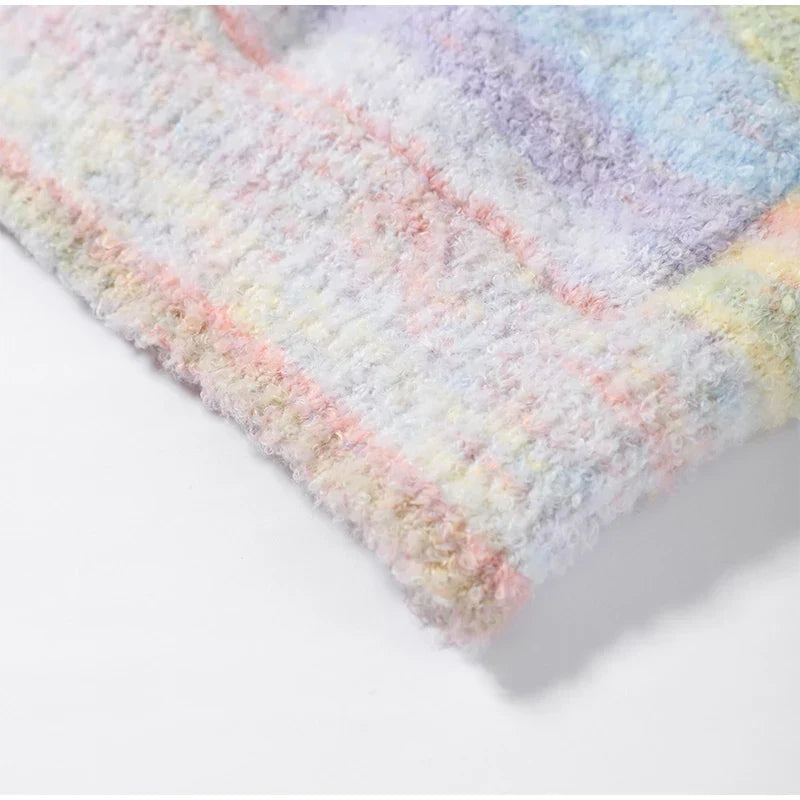 Striped women's zip-up jacket, pastel hues, soft and stylish.