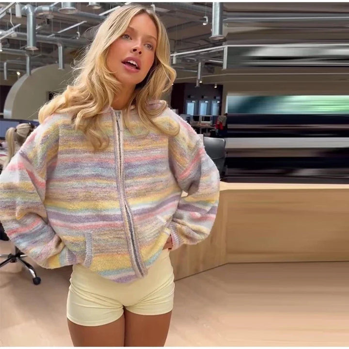 Soft women's pastel striped hooded jacket for fall or spring.