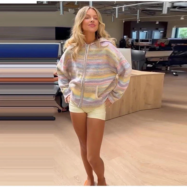 Comfortable oversized pastel striped women's hooded jacket.