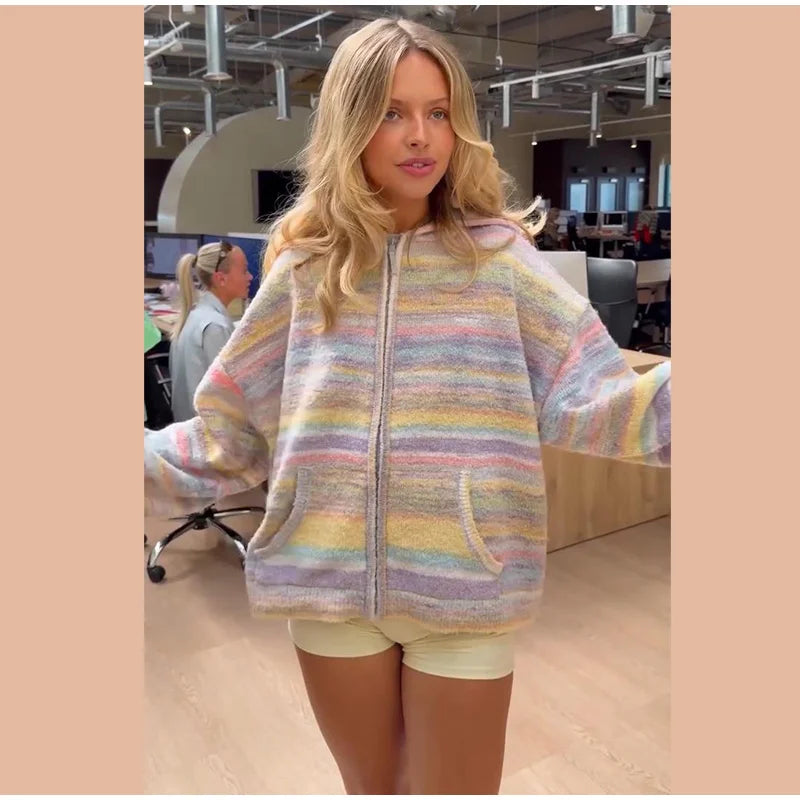 Women's transitional hooded jacket, pastel stripes, zip-front.