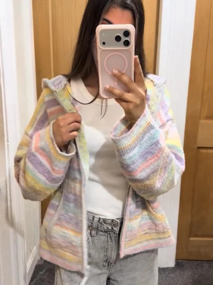 Soft oversized hooded women's jacket with pastel stripes.