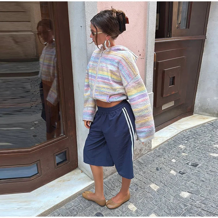 Pastel striped women's zip-up jacket, warm and fashionable.