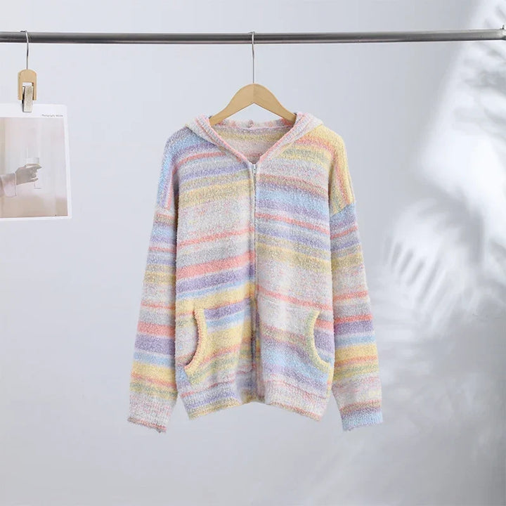 Comfortable women's pastel striped zip-up jacket with hood.