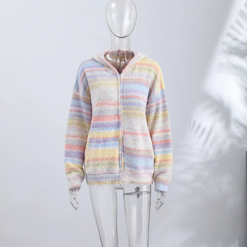 Fashionable women's outerwear: pastel striped zip-front jacket.