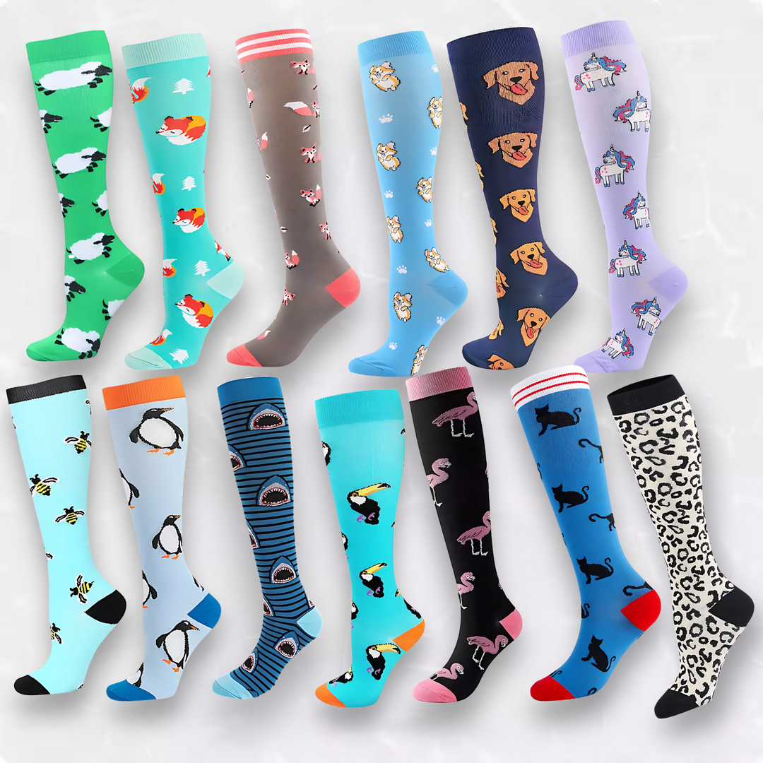 Travel compression socks in bold colors; prevents DVT & leg fatigue.
