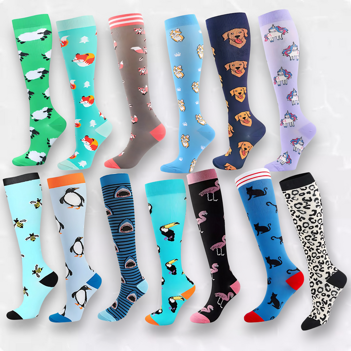 Travel compression socks in bold colors; prevents DVT & leg fatigue.