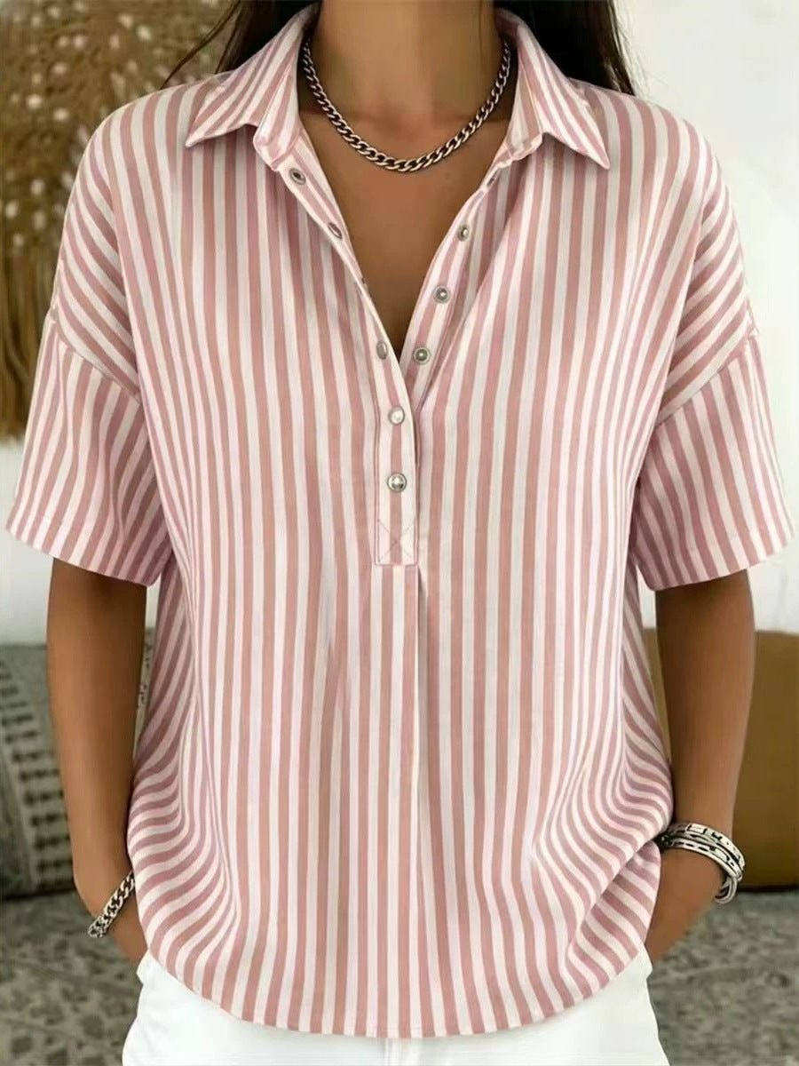 Chic women's striped collared blouse with half-button details; a stylish & versatile workwear top.