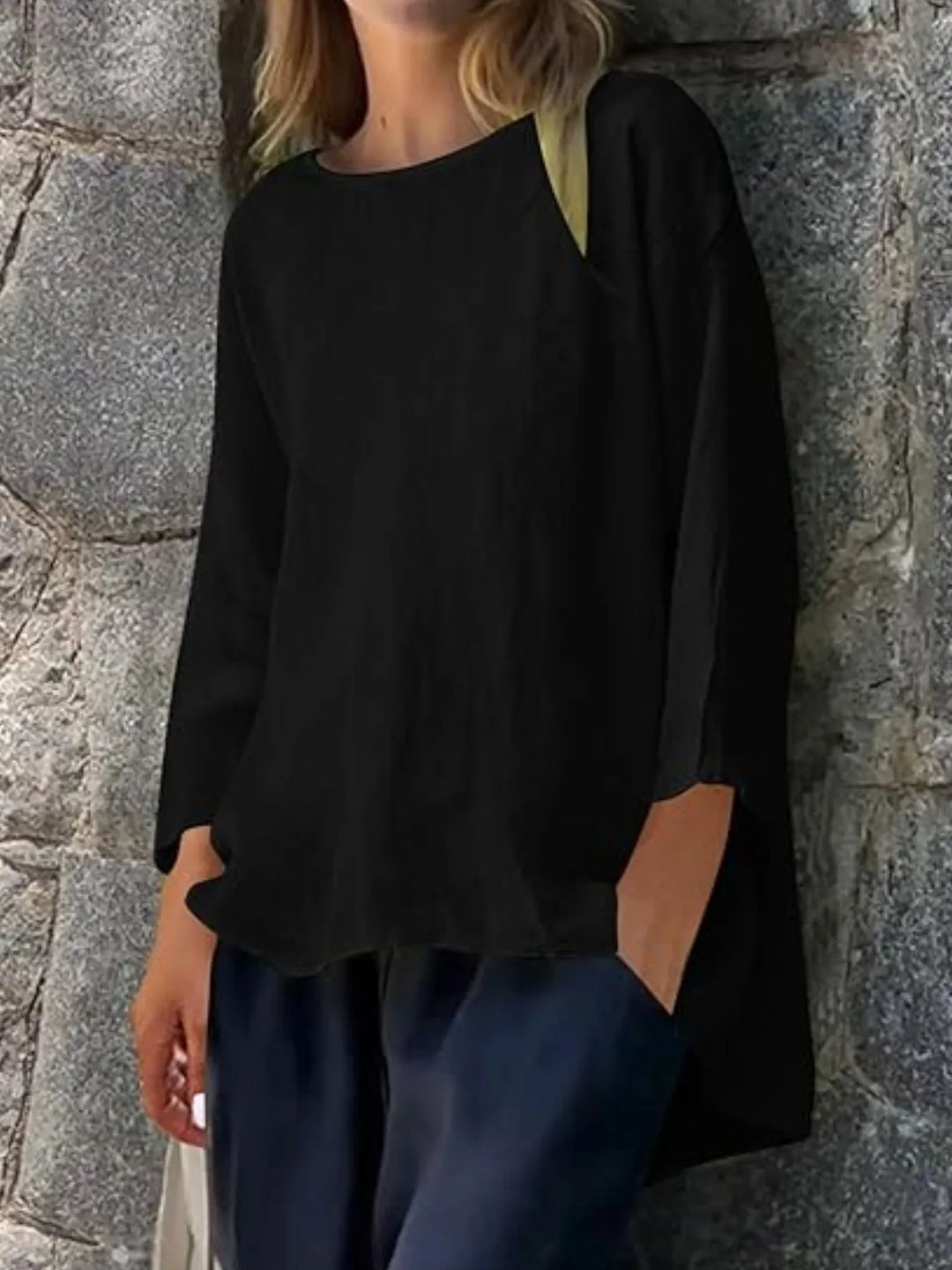 Flowy plus size women's blouse, relaxed fit round neck, comfortable & stylish for spring/summer.