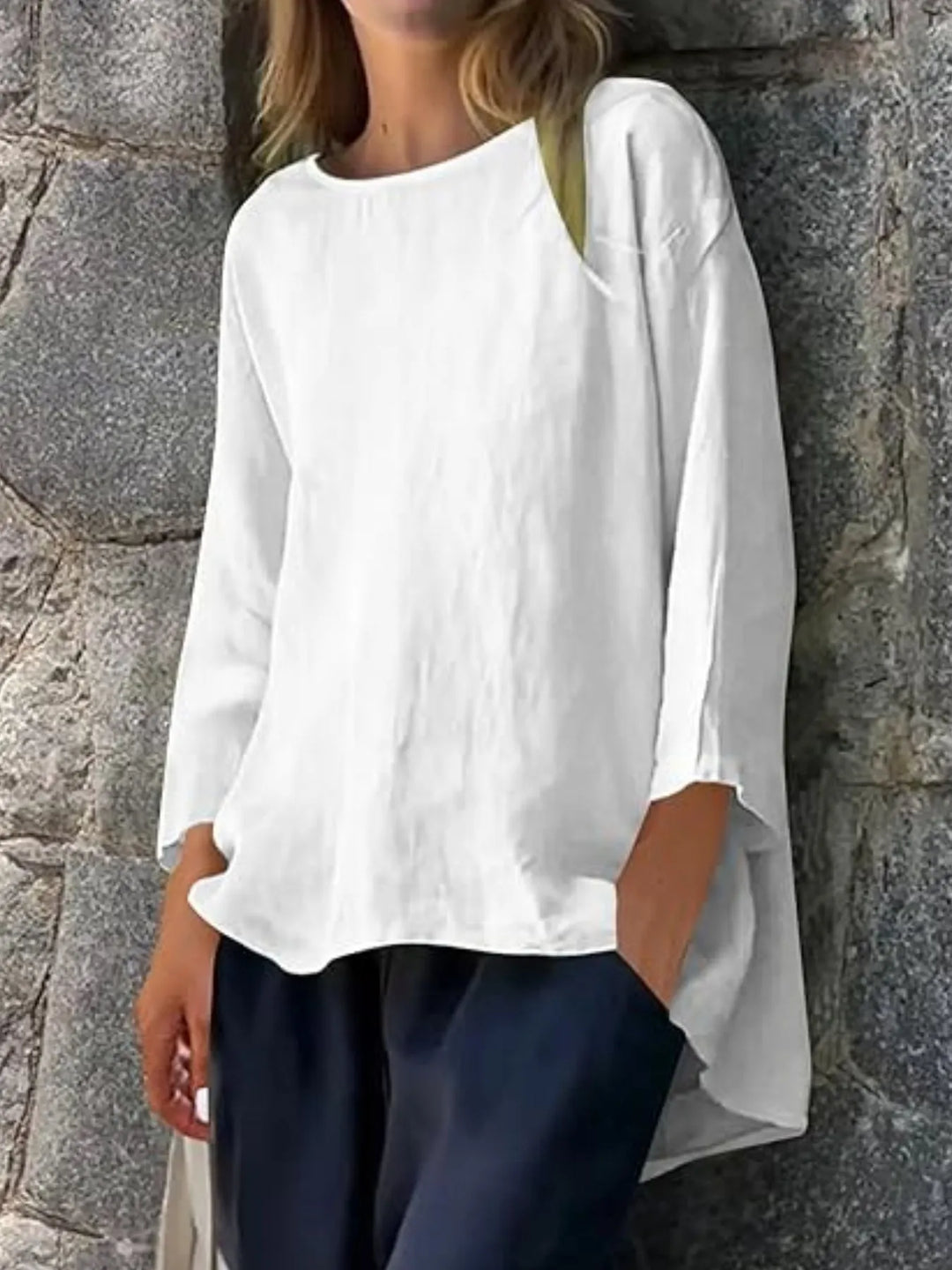 Relaxed fit plus size women's blouse, comfortable & flowy round neck top for spring & summer style.
