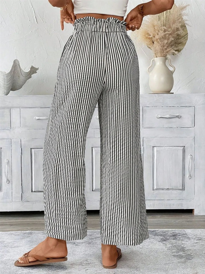 Flowy wide leg striped pants for women with a comfortable paperbag tie waist.