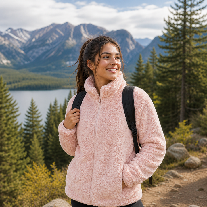 Front view of women's plush cozy jacket, ideal for winter warmth & comfort.