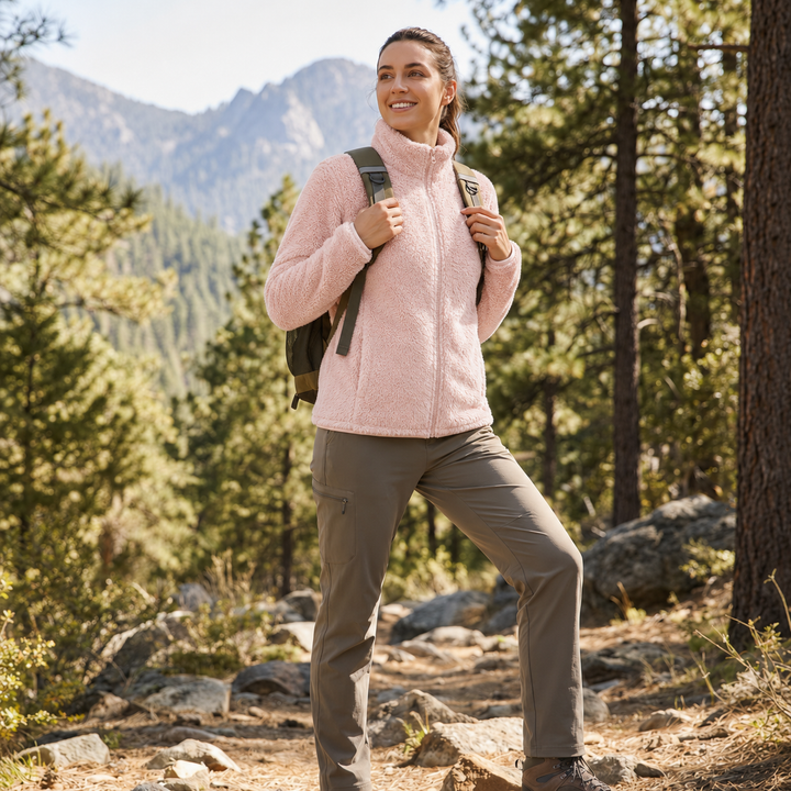 Stylish women's plush outerwear in a neutral color, offering warmth and comfort for cold days.