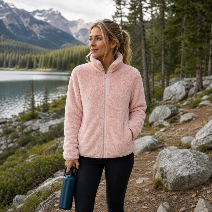 Women's warm zip-up plush jacket with high collar, perfect casual outerwear for fall & winter.