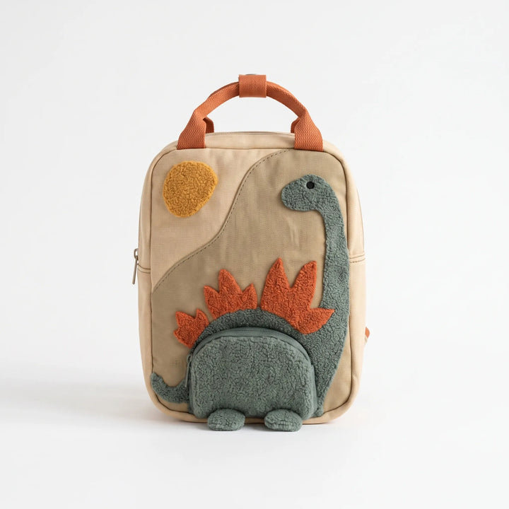 Toddler's canvas dinosaur backpack with vibrant cartoon print, perfect for nursery and daily essentials.