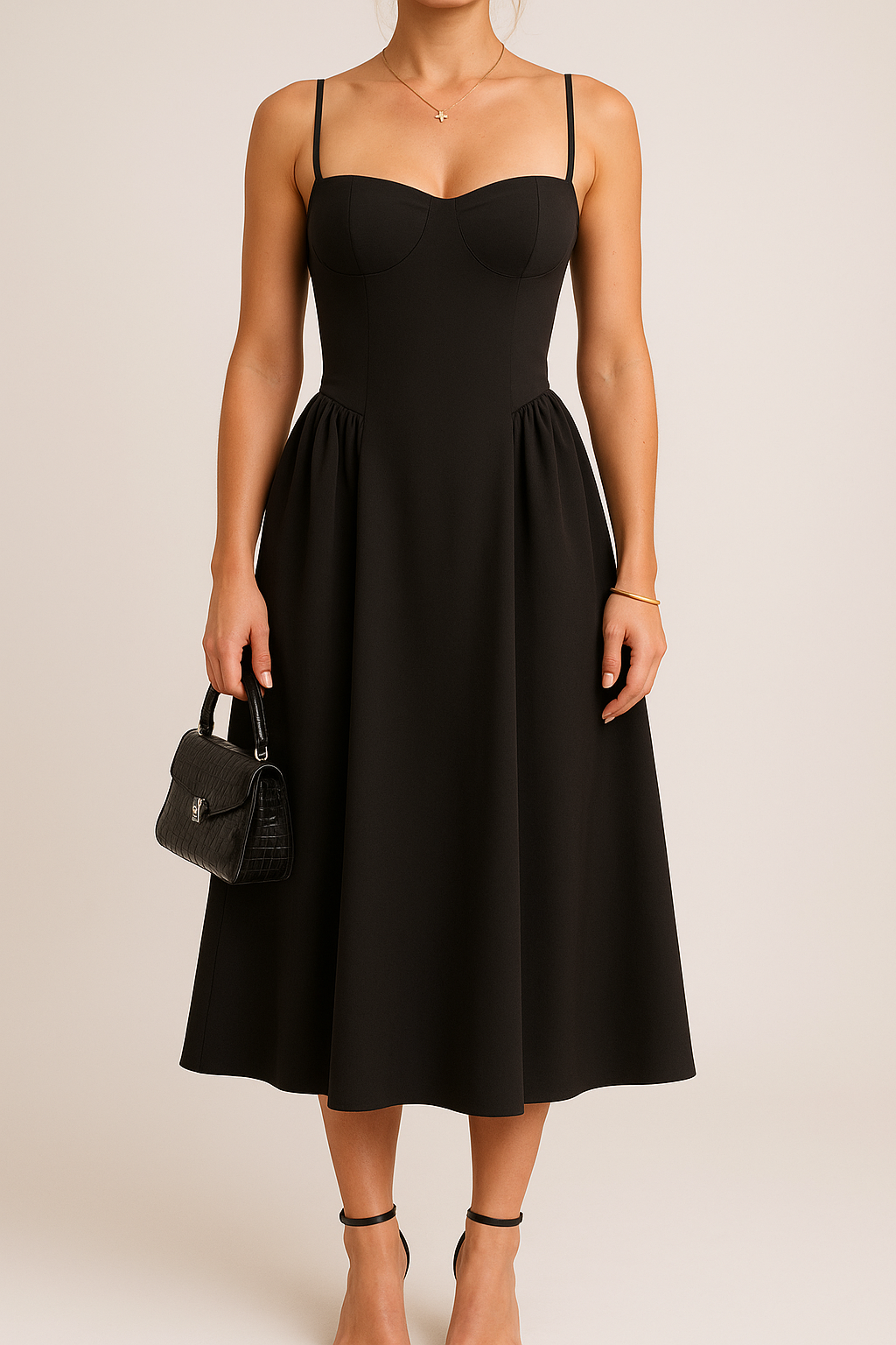 Stylish women's elegant pleated midi dress in black. Skater silhouette with sweetheart neckline for a sophisticated party look.