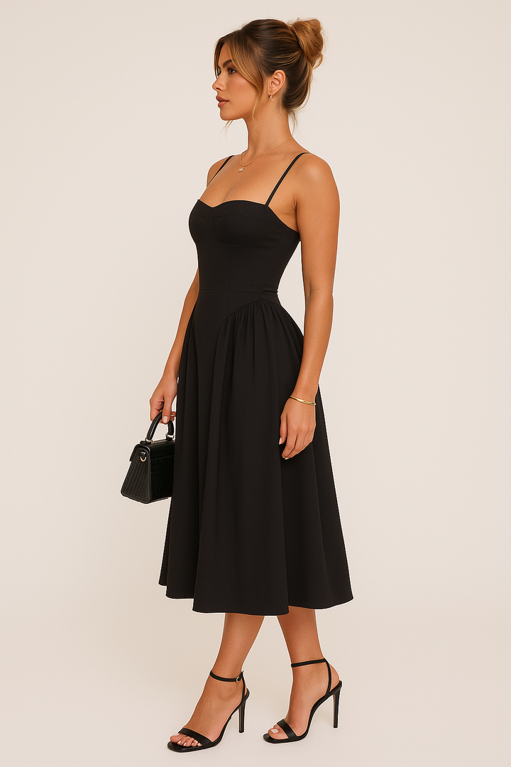 Chic women's black skater midi dress. Pleated design & sweetheart neckline make it ideal for formal events or evening wear.