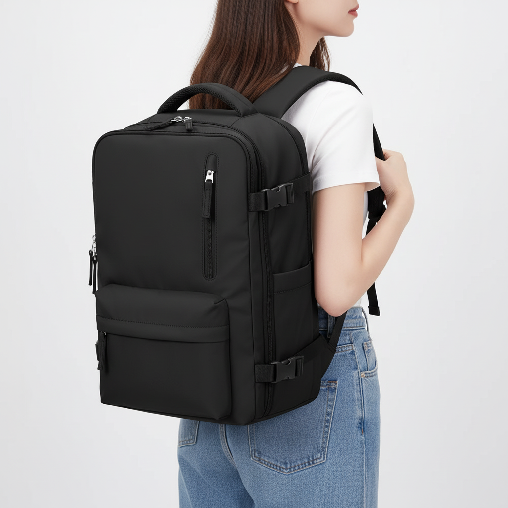 Person wearing a versatile black rolling travel backpack on their back, demonstrating its comfortable shoulder straps.