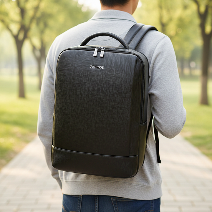 Men's LeatherMax large capacity business backpack, sleek design for 17-inch laptop, professional & durable.