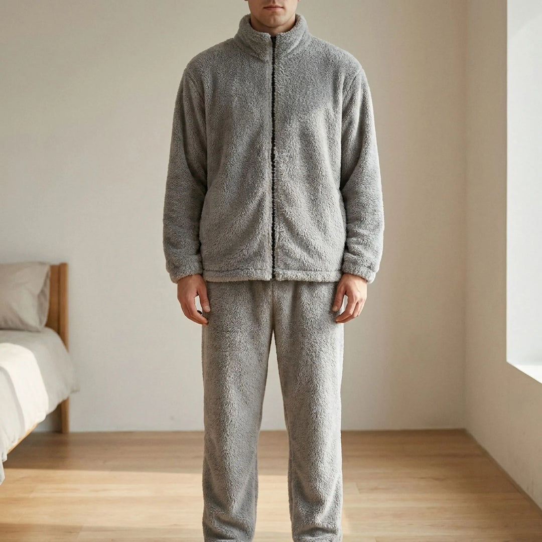 Men's cozy plush zip-up pajama set in a relaxed fit, perfect for warm winter sleepwear and lounging.