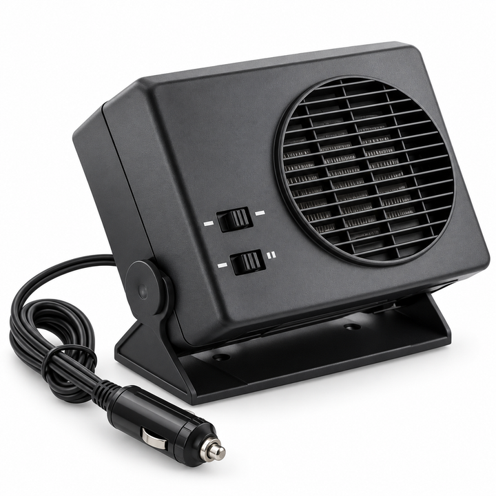 12V portable car heater & cooling fan with ceramic element, ideal for all-season vehicle climate control.