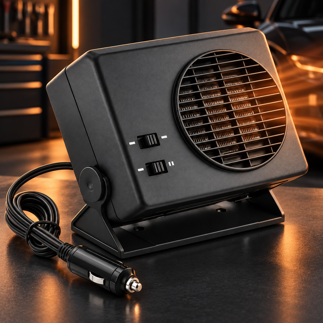 Portable 12V ceramic car heater for quick vehicle warming & windshield defogging in winter.
