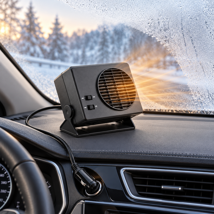 Compact universal ceramic car heater with 360-degree rotating base for efficient auto heating & fan.