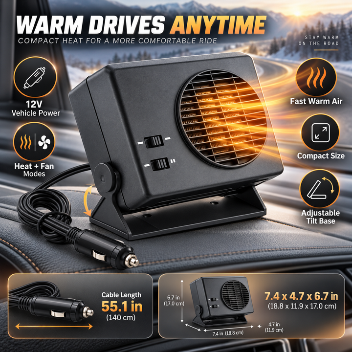 Sleek, compact portable ceramic car heater, easily plugs into 12V outlet for quick defrosting and heating.