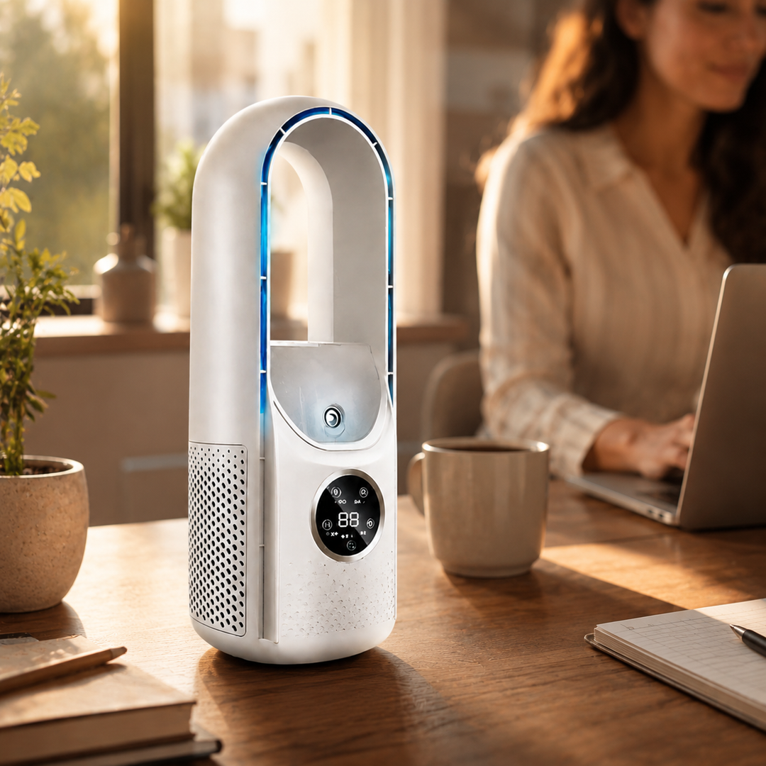 Portable bladeless air cooling fan for personal comfort. Ideal for desk, home office, or bedroom.