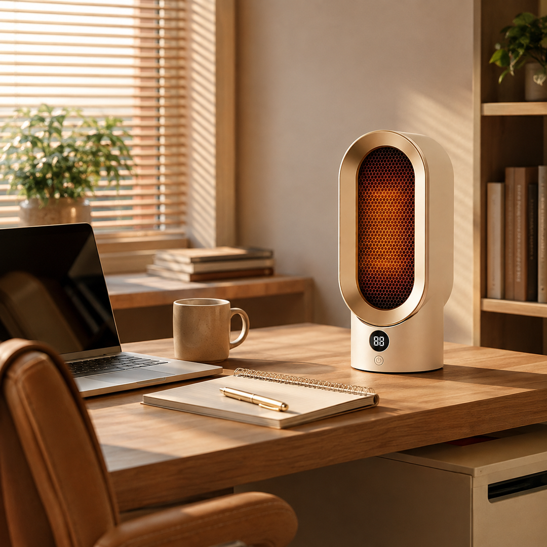 Efficient personal electric desk heater, ideal for office or small rooms, providing quick & compact warmth.