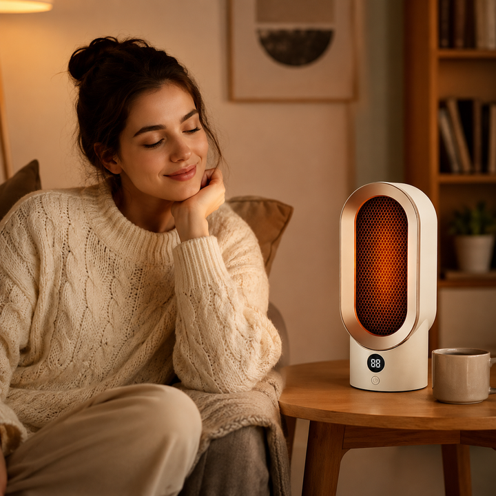 Sleek portable electric heater, perfect for home or office, delivering instant warmth and energy-saving heating.