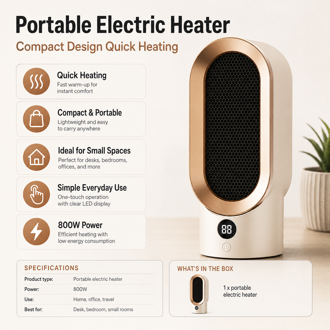 Versatile portable electric heater for home & office, providing quick, efficient, and compact spot heating.