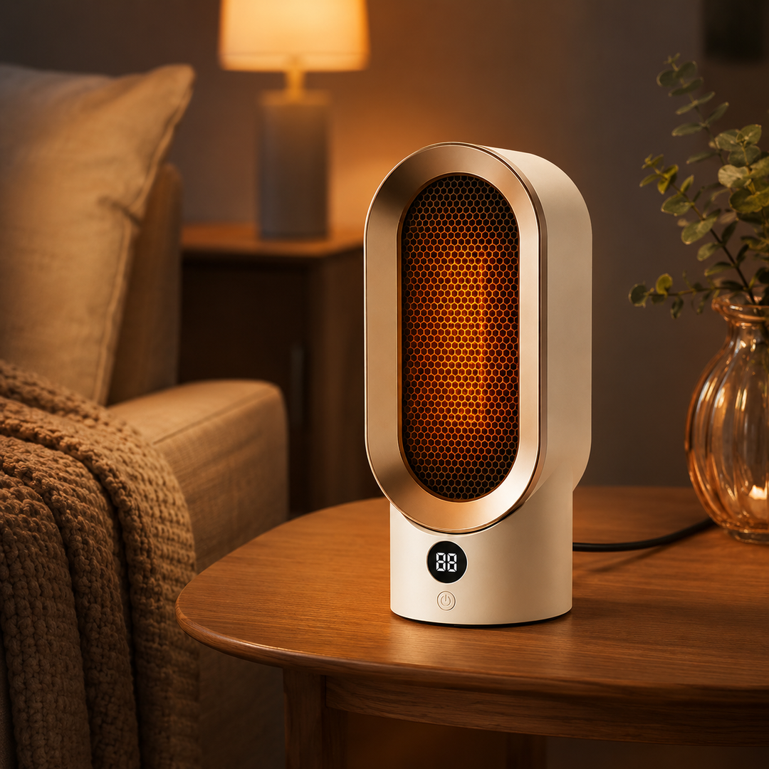 Compact portable electric space heater for quick warmth in home or office desk, personal heating solution.