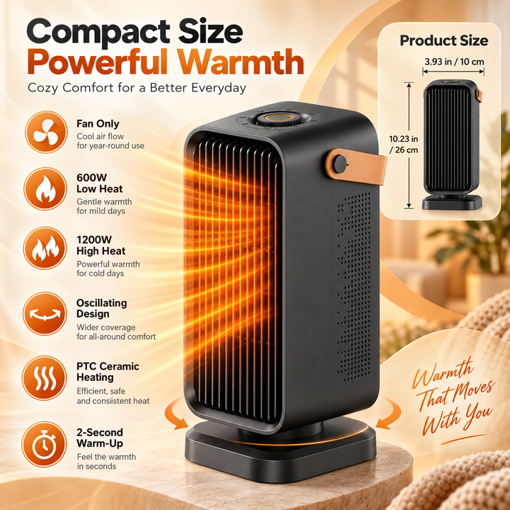 PTC ceramic electric space heater delivers instant, energy-efficient warmth & quiet comfort for any room.