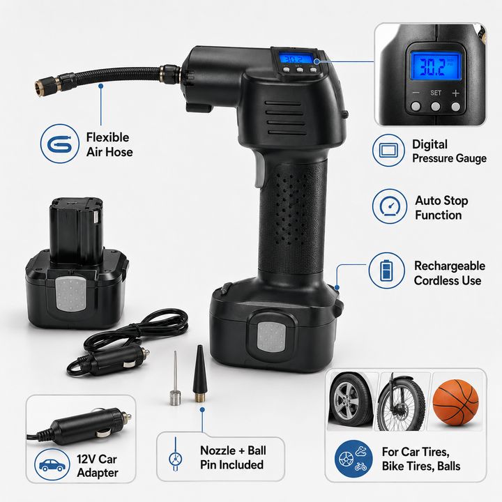 Quick-fill portable digital cordless tire inflator. Essential auto pump for fast inflation of car & bike tires.