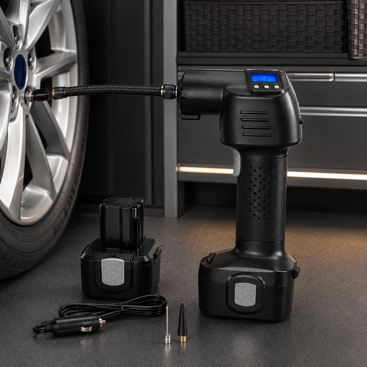 Cordless tire inflator with digital pressure gauge. Portable air compressor for quick vehicle maintenance & tire care.
