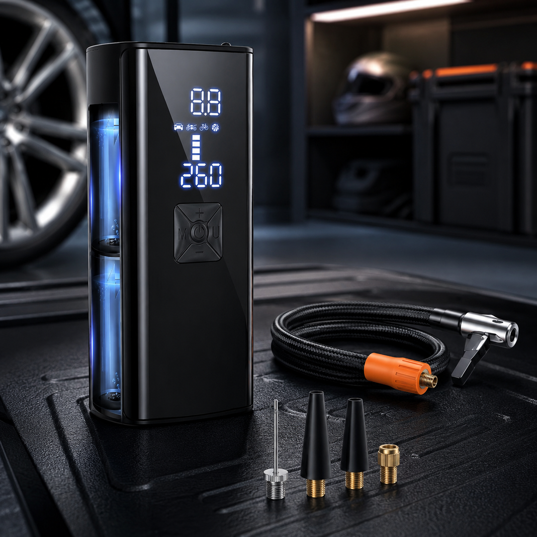 Compact cordless portable air pump with auto shutoff for car, bike & motorcycle tires. Digital display.
