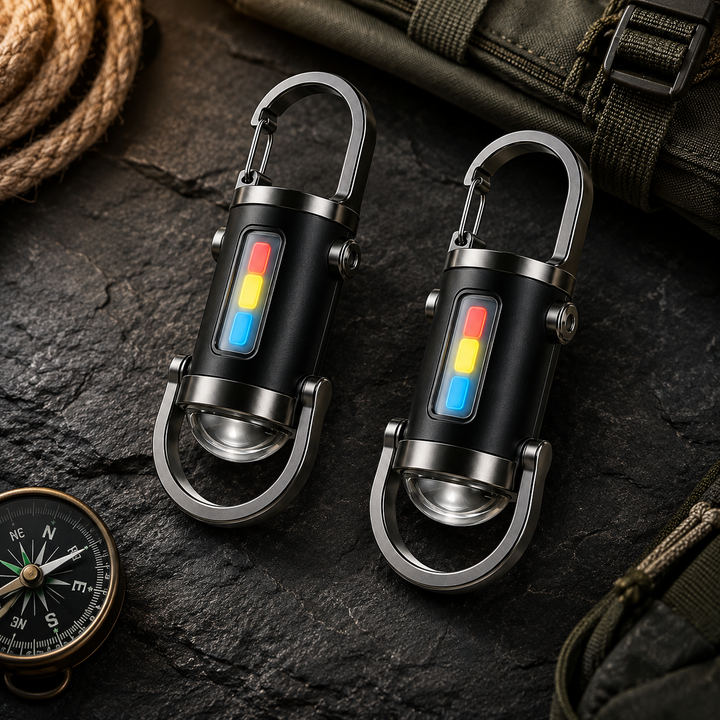 Compact LED carabiner flashlights (2-pack) for easy attachment to gear during camping & hiking adventures.