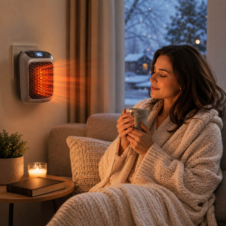 Small electric heater designed for compact spaces, perfect for personal heating in home, office, or dorms.