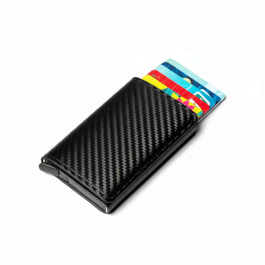 Sleek men's aluminum RFID wallet. Secure credit card holder, minimalist design for front pocket use.