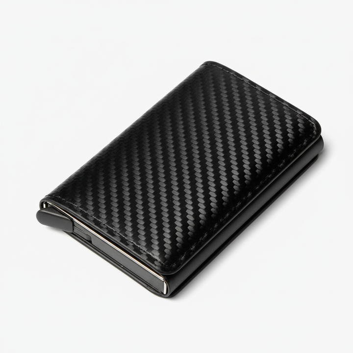 Slim men's aluminum RFID wallet, a secure card holder for minimalist daily carry & credit card protection.