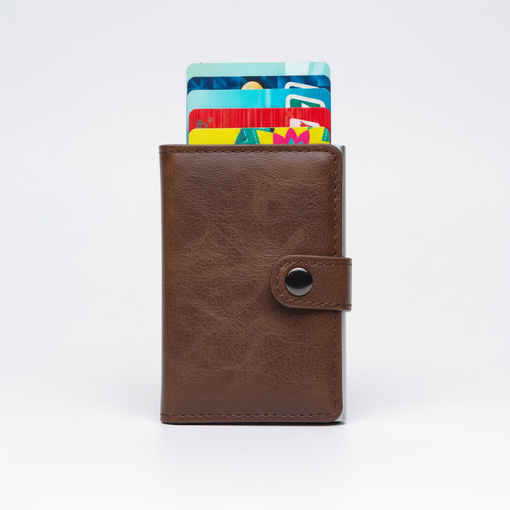 Compact aluminum RFID wallet protecting credit cards. Sleek, secure men's card holder for front pocket.